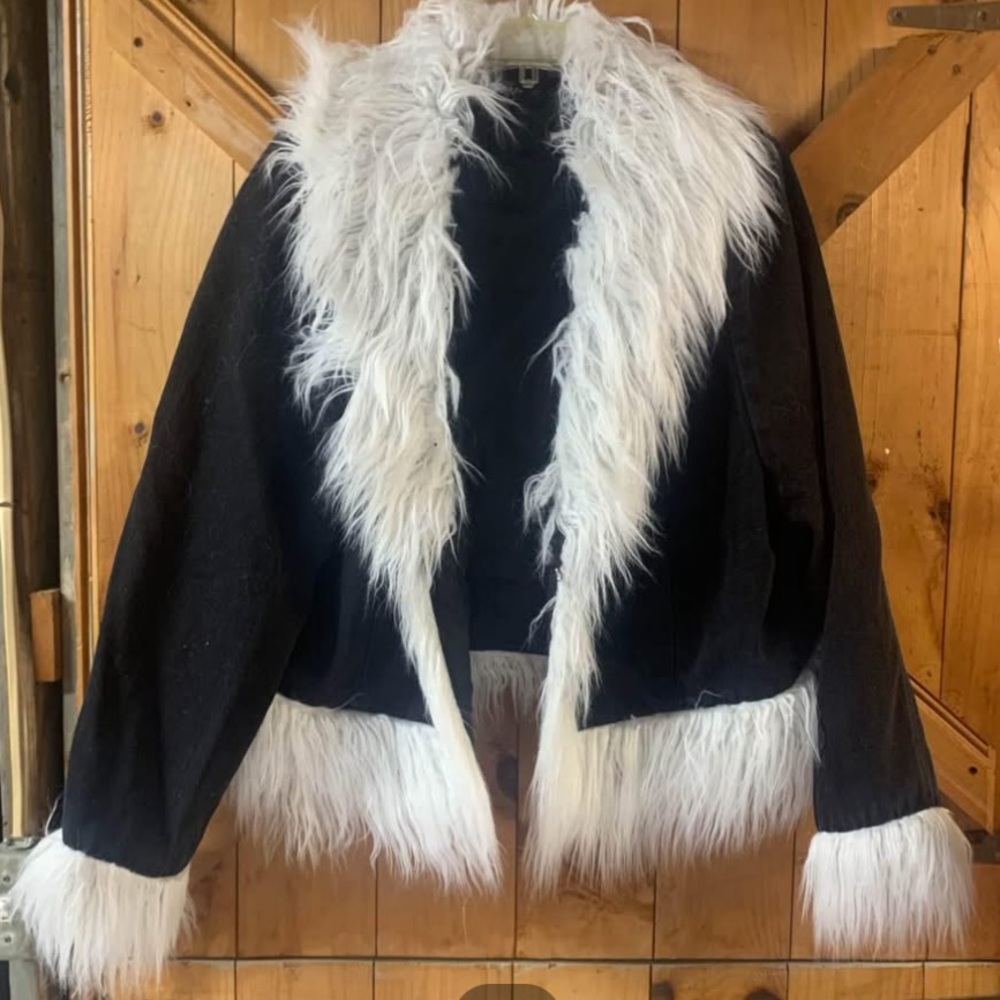 Retro Penny Lane Coat Black w/ Grey Faux Fur Trim Boho Chic  Jacket Small NWT - Picture 2 of 7
